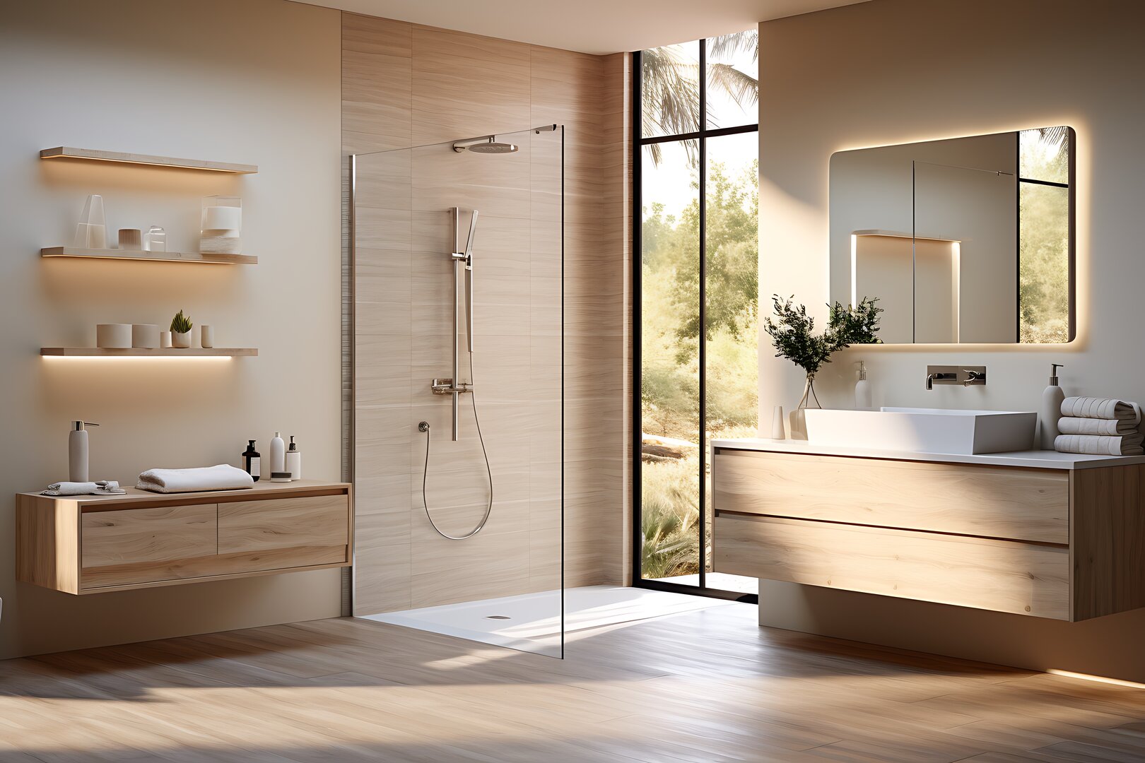 Baño moderno con ducha de vidrio, muebles flotantes de madera y espejo con luz LED tras reforma